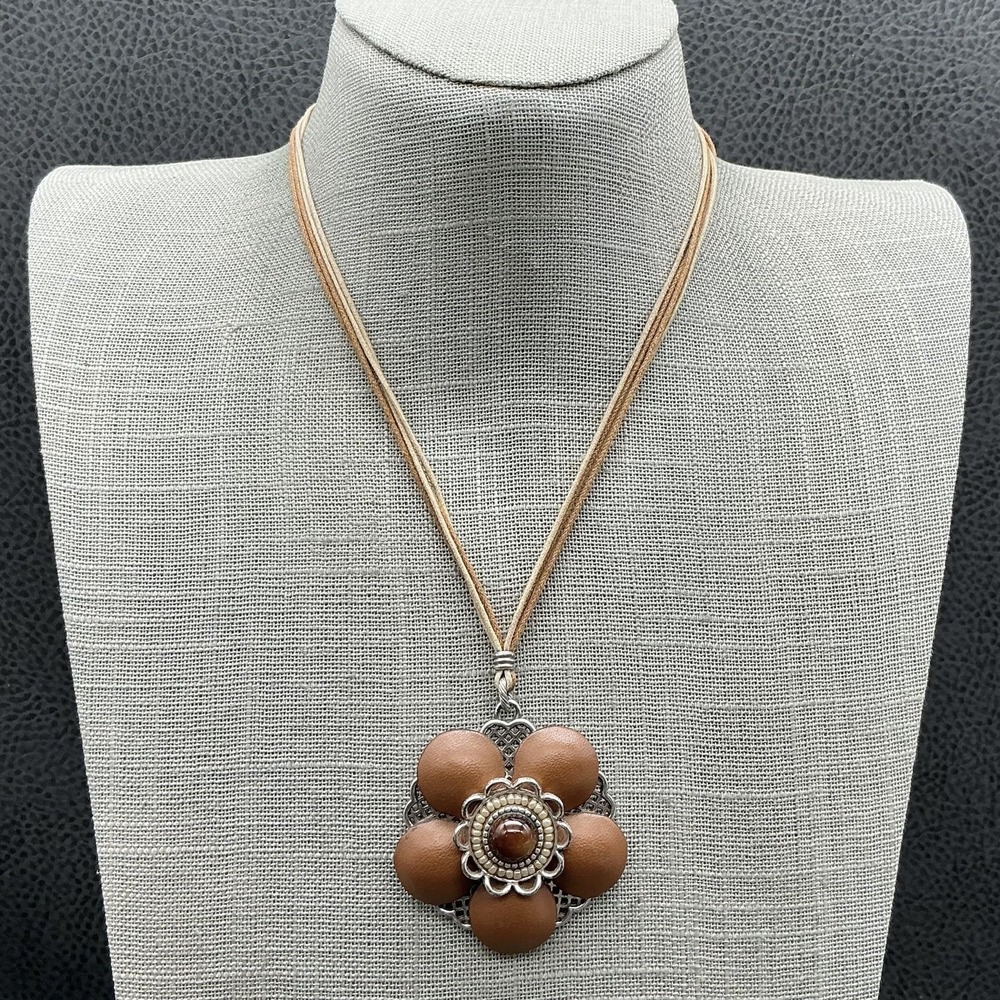Brighton Almondine Brown Flower Pendant Multi Strand Cord 18" Fashion Jewelry